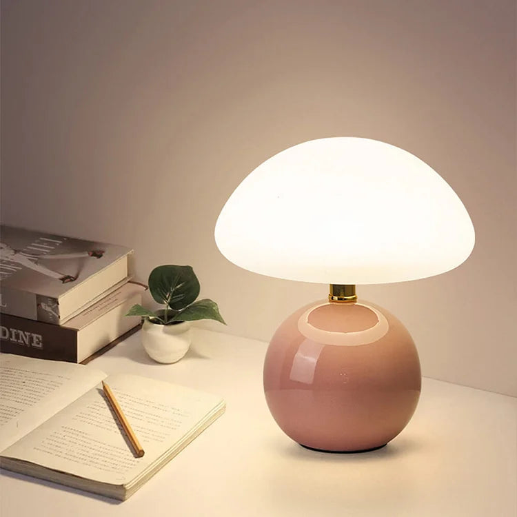 Cream Mushroom Bedside Lamp – Ceramic Dome LED Table Light