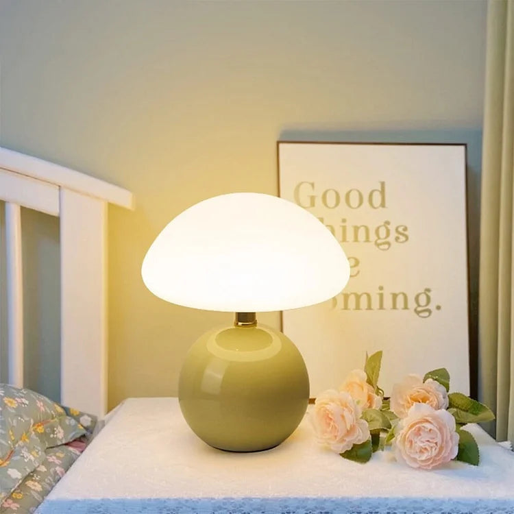 Cream Mushroom Bedside Lamp – Ceramic Dome LED Table Light