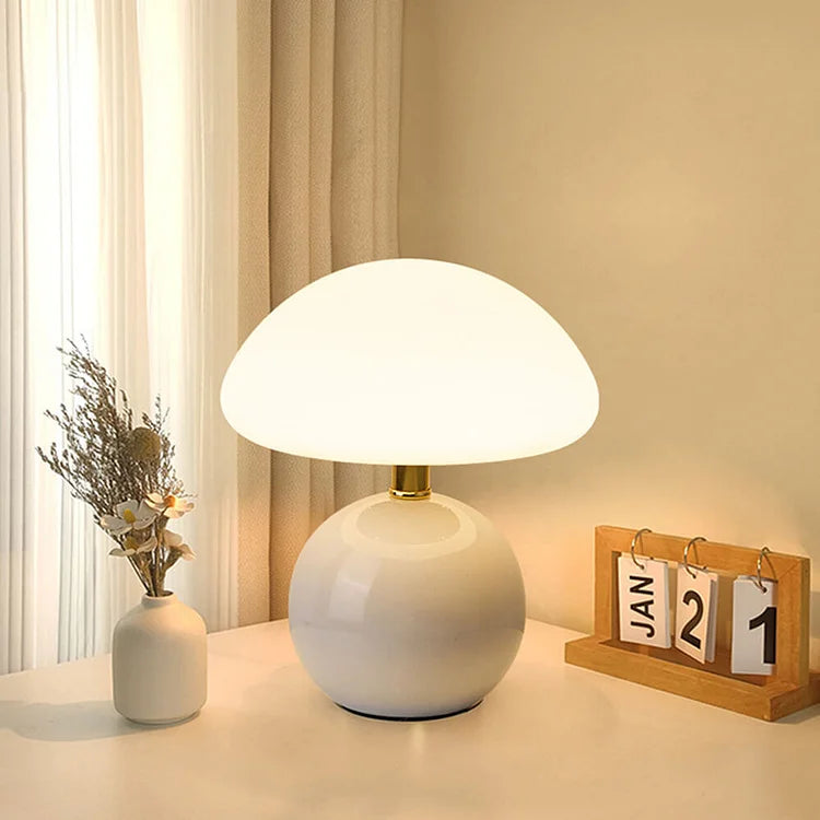Cream Mushroom Bedside Lamp – Ceramic Dome LED Table Light