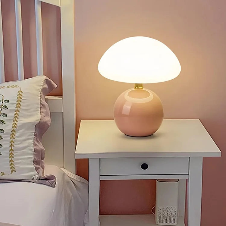 Cream Mushroom Bedside Lamp – Ceramic Dome LED Table Light