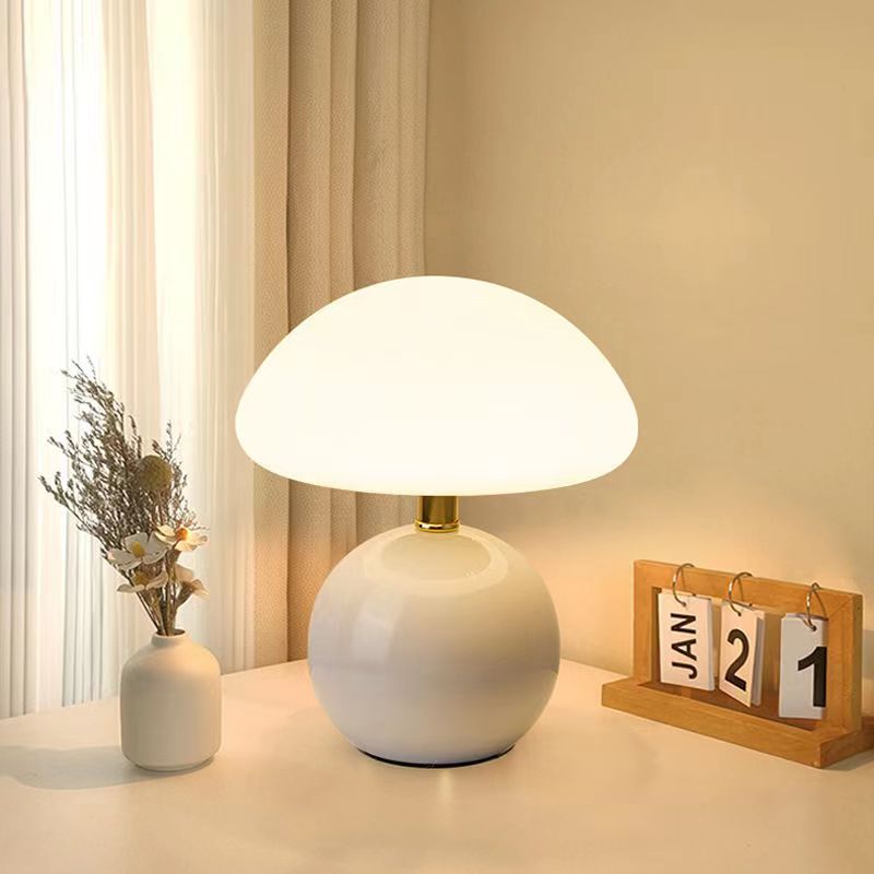 Cream Mushroom Bedside Lamp – Ceramic Dome LED Table Light