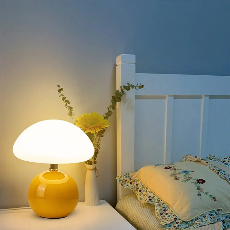 Cream Mushroom Bedside Lamp – Ceramic Dome LED Table Light